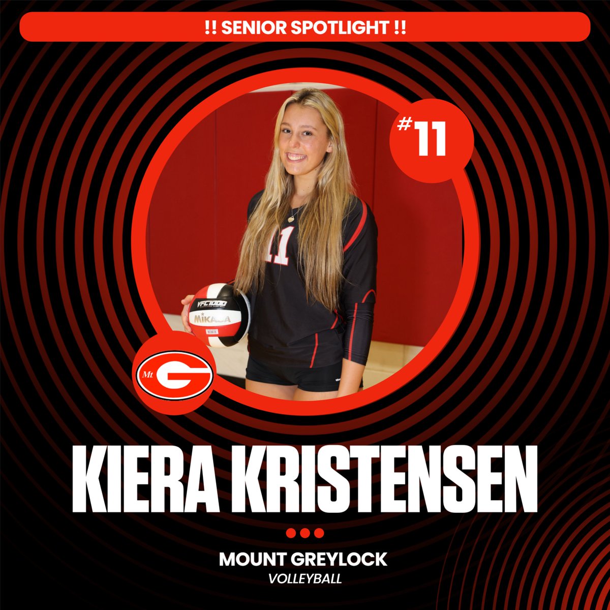Mount Greylock celebrates SENIOR Keira Kristensen tonight at 5:30pm before the Varsity Volleyball game!  
Thank you Keira!!