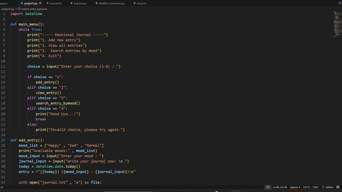 snehajais55's tweet image. Day-16 of #100DaysOfCode in python , today i build my first own project using simple functions, loops, files in python using ChatGPT for asking beginner friendly project idea and here it is my first project of Emotional Journal. 
#buildinpublic #pythonprogramming #Growth