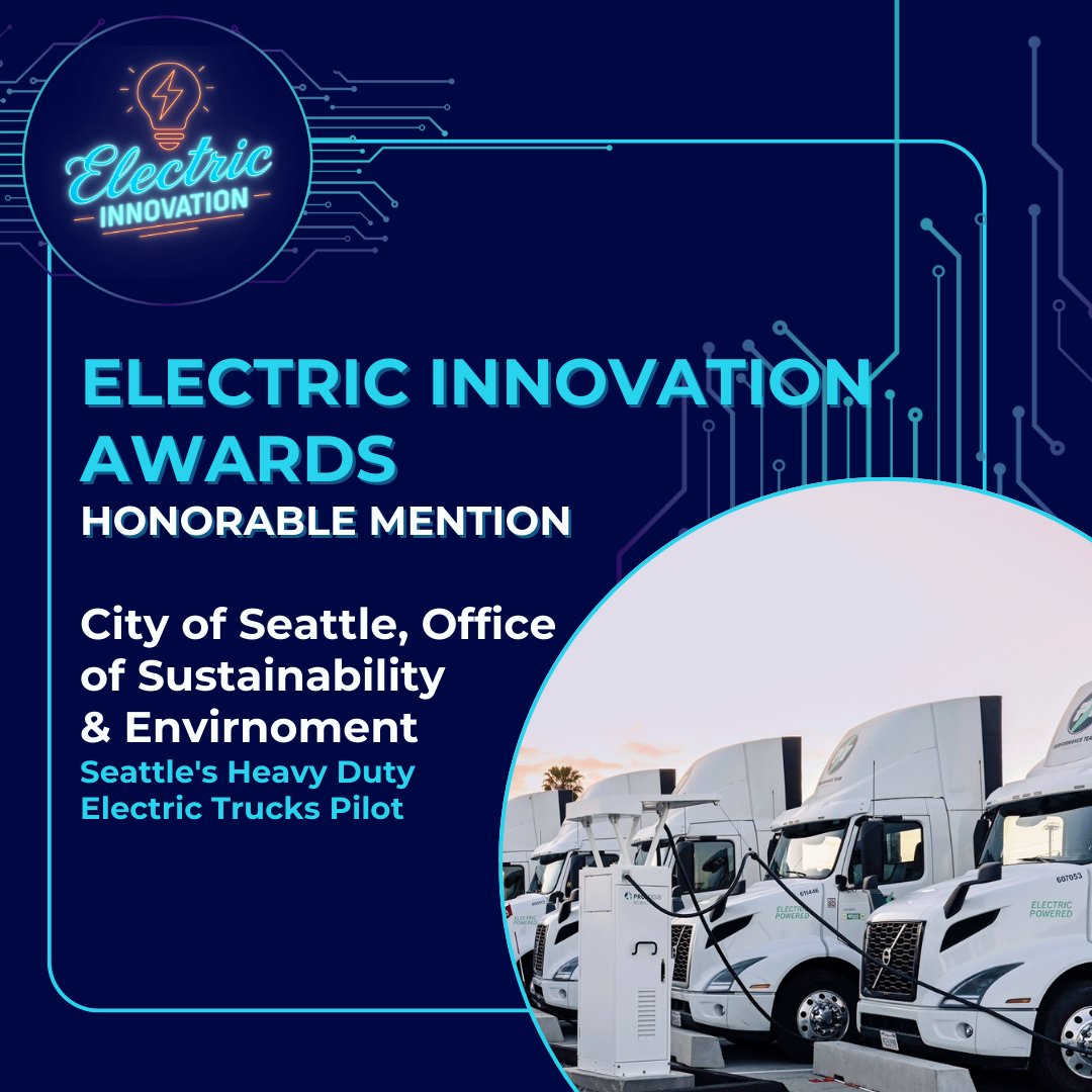 SeattleOSE's tweet image. We’re honored to receive @ElectricInno’s recognition for our Heavy Duty Electric Trucks Pilot during #NYCClimateWeek 🚚 Showcasing @CityofSeattle’s commitment to tackling hard-to-decarbonize vehicles, improving air quality for frontline communities like the Duwamish Valley 🏞️