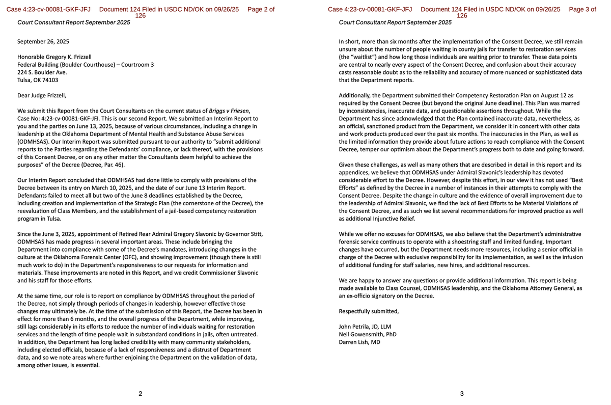 ThriceSavage's tweet photo. The 3 court-approved consultants tasked with reviewing #Oklahoma's compliance in the Briggs case #ConsentDecree to improve #MentalHealth competency restoration services have issued their second report: 
https://t.co/8YUN6RLRUs

It's 126 pages saying compliance is behind 🧵 (1/?) https://t.co/X3WH5KiER6