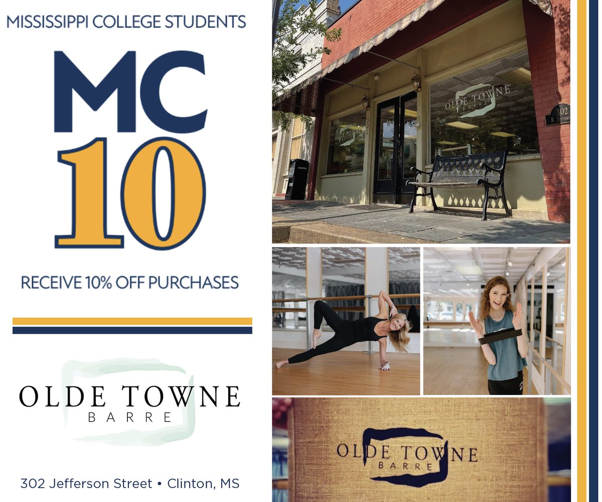 We’re so thankful for the amazing local businesses supporting this year’s MC10 program! 💙💛 MC10 partners provide Mississippi College students with at least a 10% discount—and this week’s spotlight is on Olde Towne Barre! oldetownebarre.com