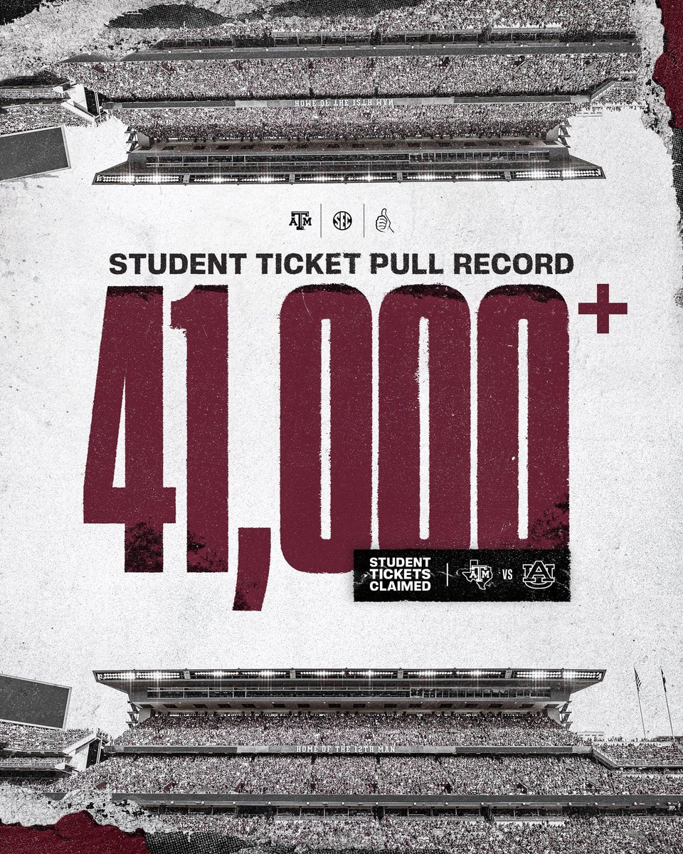 AggieFootball's tweet photo. The 12th Man delivers yet again👍

Over 41,000 Student Tickets have been claimed for tomorrow’s matchup. 

#GigEm https://t.co/m5KlBhvR9K