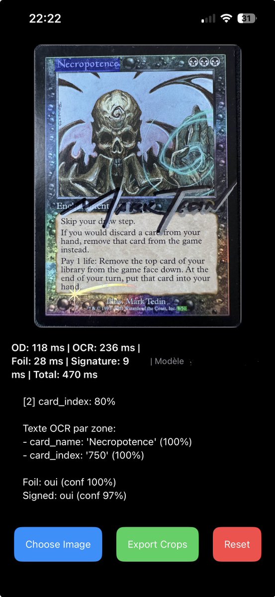 Today, I was able to run a complete detection workflow on my local test app. It combines specialized models for foil and signed cards + a general object detection model. Specialized models are too confident because I don’t have a lot of data. But it is working reallly fast and it