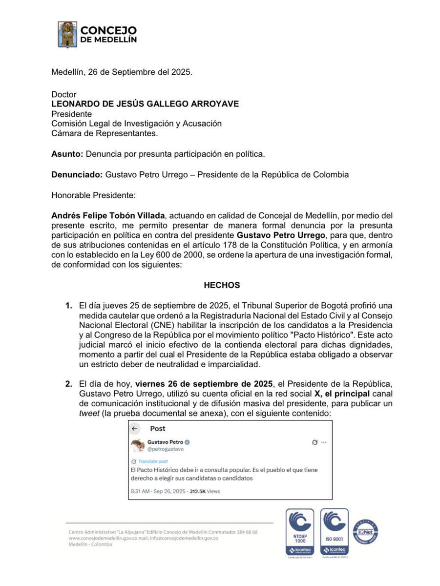 🚨Atención🚨

Acabo de interponer formalmente ante la Comisión de Acusación de la Cámara la denuncia contra el presidente Gustavo Petro por su presunta participación indebida en política. La ley es clara: el Presidente debe ser garante de imparcialidad, no jefe de campaña.
