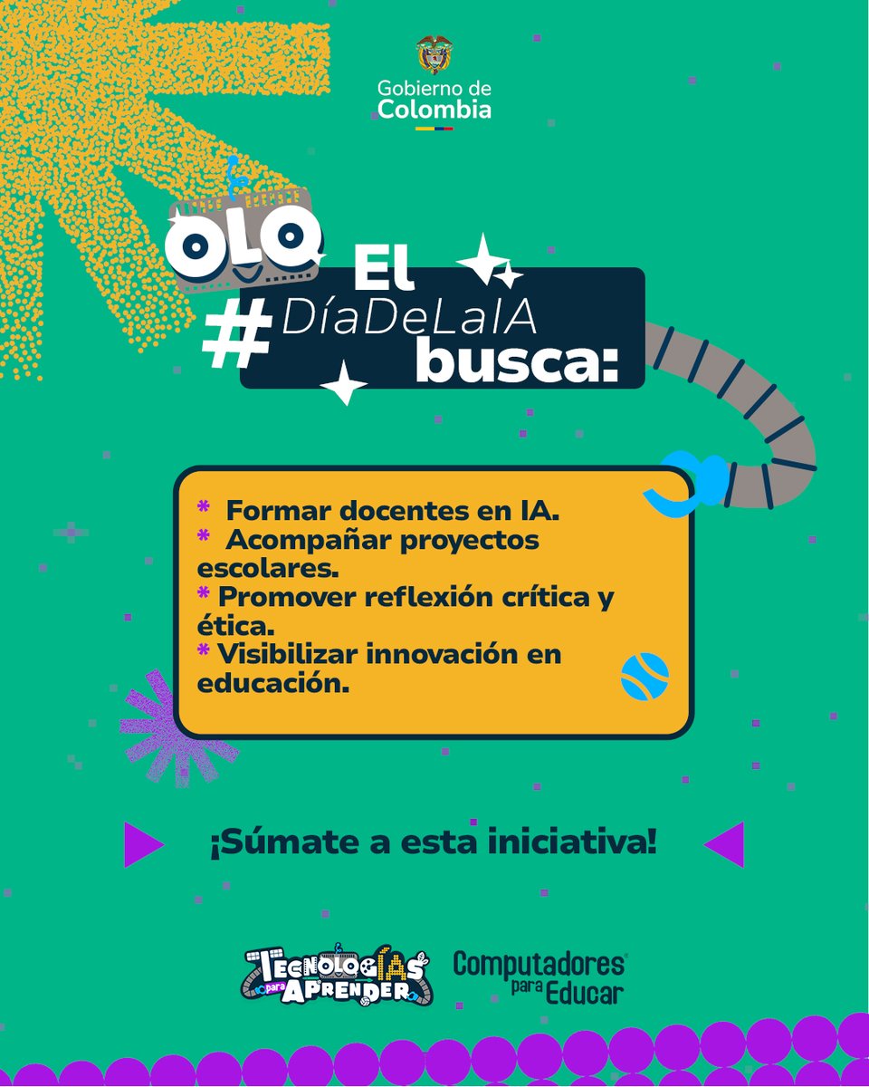 Computadores para Educar 💻 (@compuparaeducar) on Twitter photo <a href="/CompuParaEducar/">Computadores para Educar 💻</a>, con el apoyo al <a href="/MIT/">Massachusetts Institute of Technology (MIT)</a> y <a href="/DayofAI_USA/">DayofAI.org</a>, celebran el Día de la Inteligencia Artificial en tu colegio este 2 de octubre. La meta es que la IA llegue al aula como herramienta pedagógica, ética e innovadora.
Prepárate:🔗 diadelaia.cpe.gov.co <a href="/CompuParaEducar/">Computadores para Educar 💻</a>, con el apoyo al <a href="/MIT/">Massachusetts Institute of Technology (MIT)</a> y <a href="/DayofAI_USA/">DayofAI.org</a>, celebran el Día de la Inteligencia Artificial en tu colegio este 2 de octubre. La meta es que la IA llegue al aula como herramienta pedagógica, ética e innovadora.
Prepárate:🔗 diadelaia.cpe.gov.co