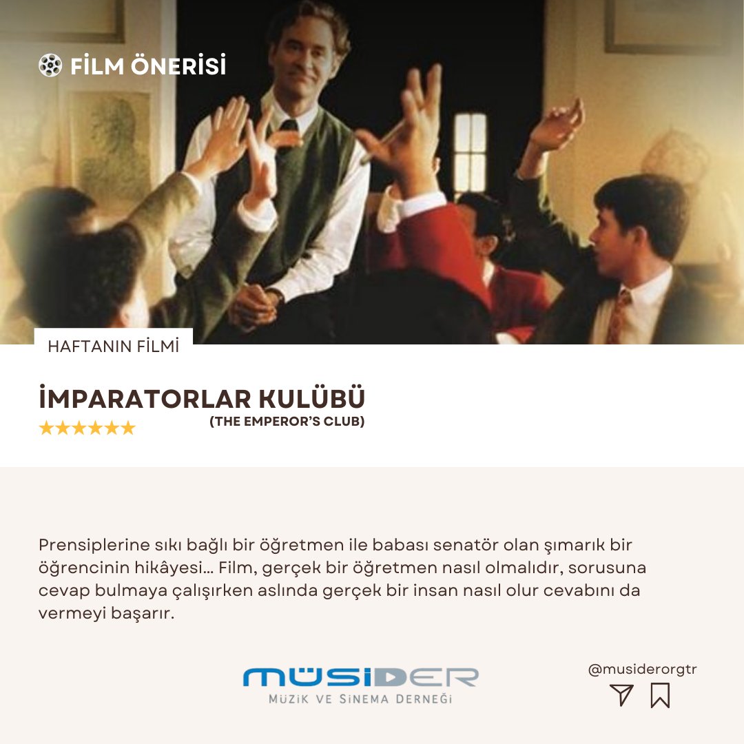 🎬 Film Önerisi - 2

〉Film: İmparatorlar Kulübü (The Emperor's Club)  
〉Yapım Yılı: 2002 
〉Yönetmen:  Michael Hoffman  
〉Oyuncular: Kevin Kline, Steven Culp
〉Süre: 1 saat 45 dakika

Film, gerçek bir öğretmen nasıl olmalıdır, sorusuna cevap bulmaya çalışırken aslında gerçek