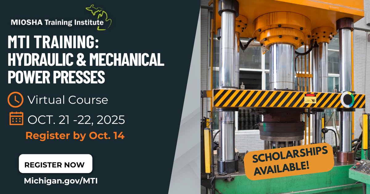 ⚙️ Learn how to protect workers while operating Hydraulic &amp; Mechanical Power Presses.

📅 Oct. 21–22, 2025 | 9 a.m.–4 p.m.
💻 Virtual Instructor-led Course
📝 Register by Oct. 14 | Cost: $190*
🎓 Scholarships cover up to 50%!
👉 gvsu.edu/learn/miosha
#MIOSHA #MTITraining