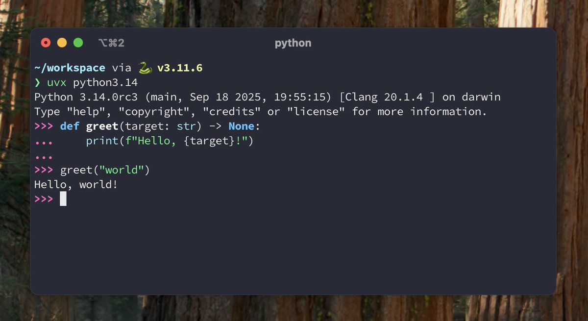 charliermarsh's tweet image. Extremely nice qualify-of-life thing: Python 3.14 includes syntax highlighting in the REPL