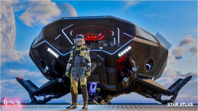 A person in a futuristic spacesuit stands on a platform. Behind them is a large, sleek spaceship with glowing red and white lights, black exterior, and advanced design elements. Multiple planets are visible in the sky. The text "Star Atlas" is visible in the bottom right corner.