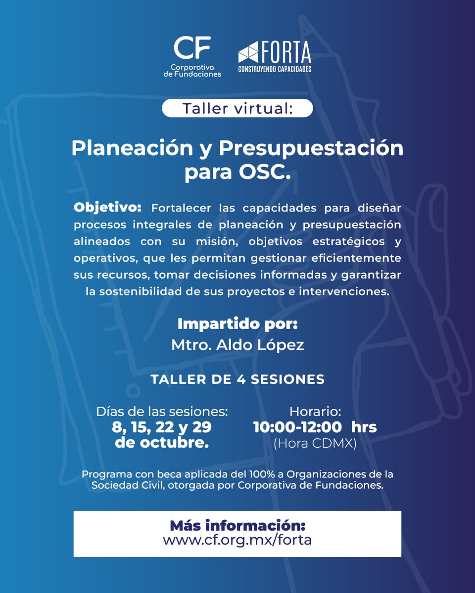 ¿Quieres fortalecer tus capacidades en planeación y presupuestación?

Participa en el taller: “Planeación y Presupuestación para OSC” y haz tu organización más estratégica e impactante.

📅 Oct 8, 15, 22, 29 | 10-12h 💻 Virtual

Inscríbete en:  cf.org.mx/forta/cursos/t…