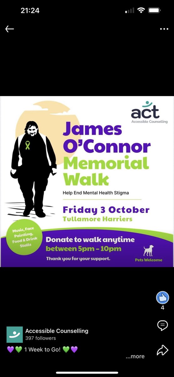 MidlandsMH's tweet image. “Let’s walk together to end the stigma. Join me/us at the James O’Connor Memorial Walk in Tullamore Harriers on 3rd October between 5 and 10pm. #forJames 💚💜”
