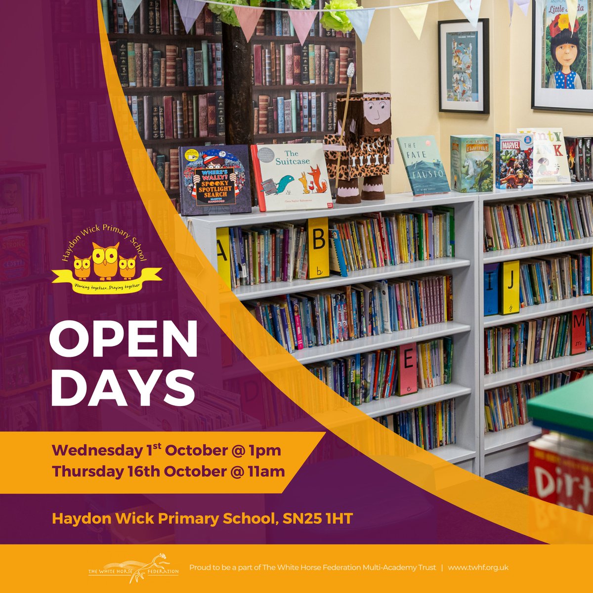 🌈OPEN DAYS📷 Applying for a September 2026 Reception place for your 4 year-old? Come and explore our ‘Outstanding’ school and see why Haydon Wick is the perfect place for your child’s educational journey!  
Wednesday, 1st October @ 1pm 
Thursday, 16th October @ 11am