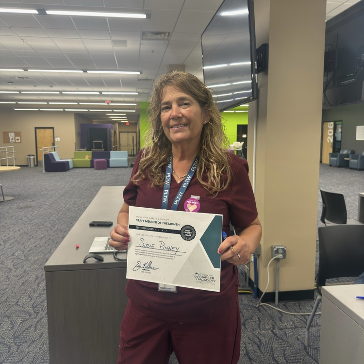 We are thrilled to share that Ms. Susie Pinney is our Career Academy September Staff of the Month! 
Ms. Pinney teaches our PBS &amp; HBS courses for our Health Science pathway and puts a smile on our faces everyday with her energy and passion for kids! Thank you and congratulations!