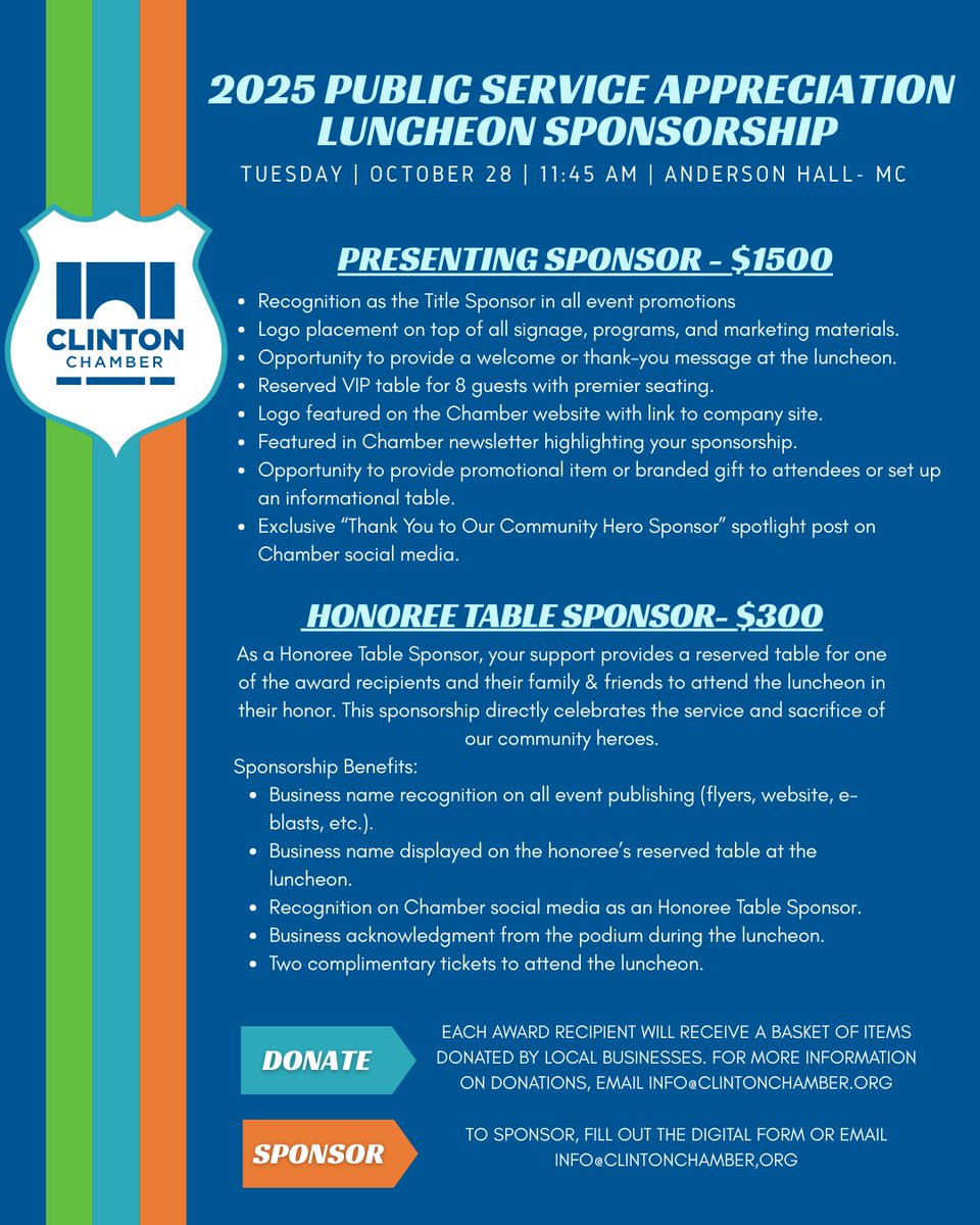 One month away! The 2025 Public Service Appreciation Luncheon, set for Tuesday, October 28th! At this annual event, we recognize all city officials in attendance and honor the Fireman of the Year, Policeman of the Year &amp; City Employee of the Year! 

info@clintonhcamber.org!