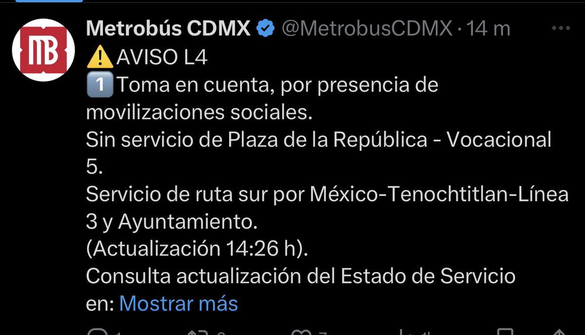 ¡Tómalo en cuenta! 

Debido a las movilizaciones sociales de esta tarde de viernes el servicio del #Metrobus en las líneas 1, 4 y 6, afectadas en el servicio.

Esta será su ruta provisional 👇🏻