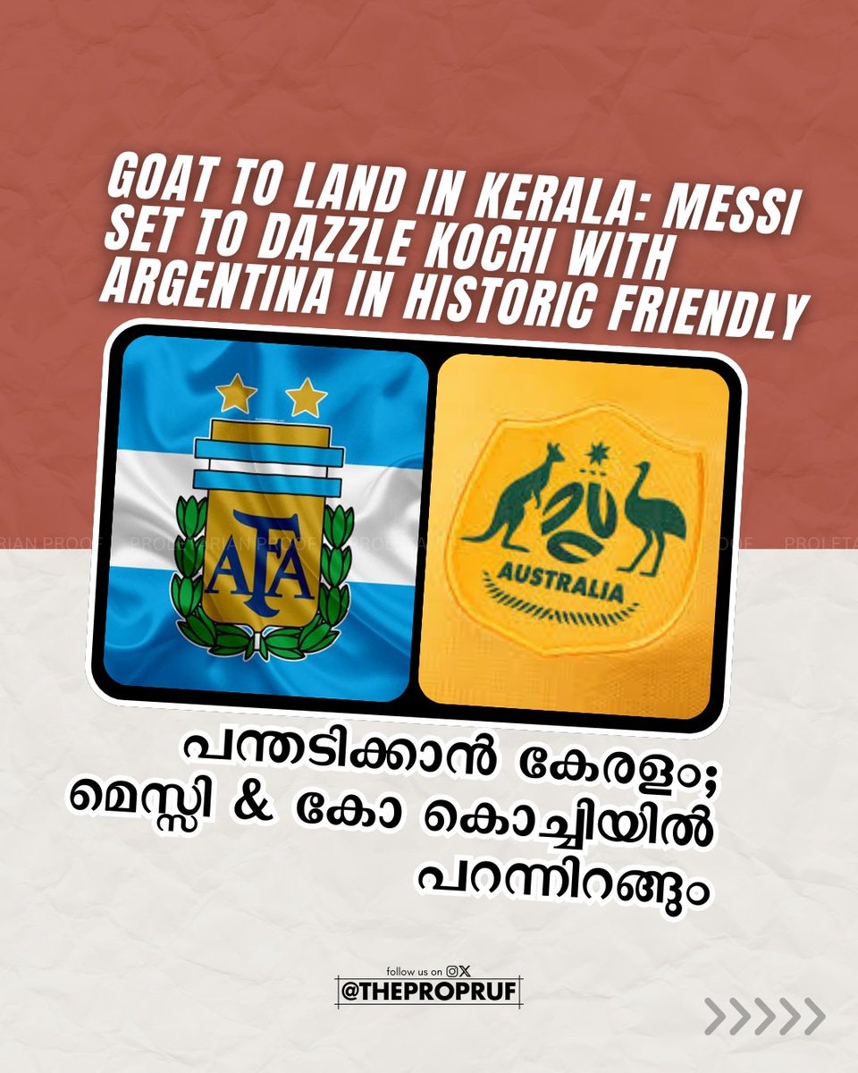 thepropruf's tweet image. ⚽ Messi &amp;amp; Argentina are coming to Kerala‼️

Kochi stadium ready in 30 days for a football extravaganza 🇦🇷🔥 

#MessiInKerala #ArgentinaVsAustralia #FootballFever #Kerala