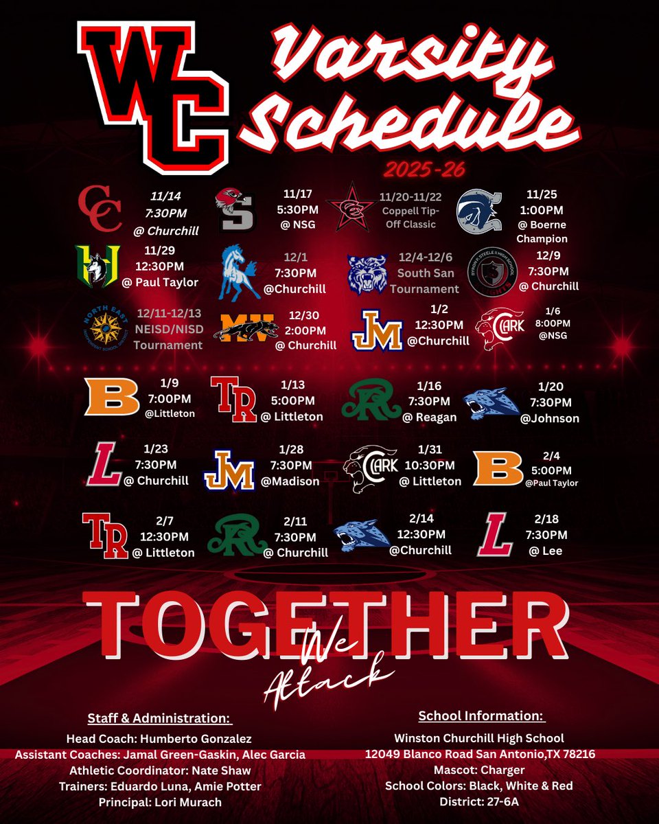 Revised Schedule.. The time is near so mark your calendars now! 25-26 Varsity Schedule. #Chargeforward #Together
