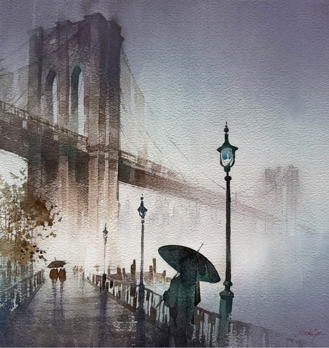 JimBeattie18's tweet image. Brooklyn Bridge in Rain
Watercolour painting 
Thomas W Schaller.