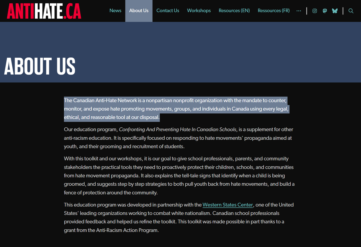gddub's tweet photo. The Canadian Antihate Network speaks out both sides of its mouth.

On its site focused on 'fighting hate in schools' the About page has a non-partisan mission statement.

On its main site the About page goes mask off saying they're proudly Antifascist.

Your tax dollars at work. https://t.co/olsGOHXUTh