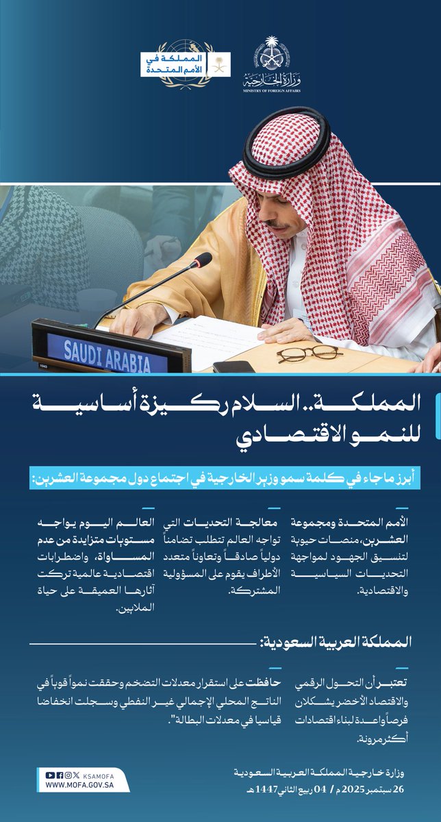 أبرز ما جاء في كلمة سمو #وزير_الخارجية <a href="/FaisalbinFarhan/">فيصل بن فرحان</a> في اجتماع وزراء خارجية دول مجموعة العشرين برئاسة جنوب إفريقيا. 

#المملكة_في_الأمم_المتحدة 🇸🇦