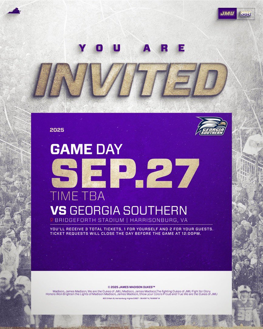Can’t wait to get up to <a href="/JMUFootball/">JMU Football</a> and watch them play Georgia Southern <a href="/CoachBobChesney/">Robert Chesney</a> <a href="/ApplebaumNathan/">Nathan Applebaum</a> <a href="/Coach_DiMike/">Anthony DiMichele</a> <a href="/EddieWhitley37/">Eddie Whitley</a> <a href="/Justin_Harpo/">Justin Harper</a>