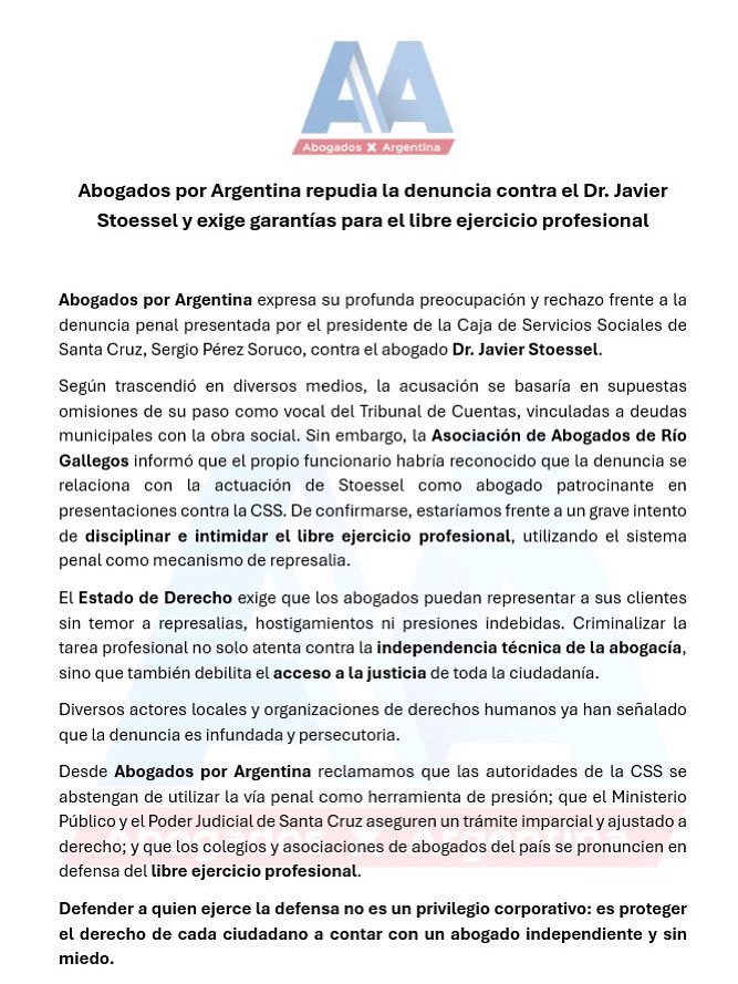 Comunicado oficial: Abogados por Argentina repudia la denuncia contra el Dr. Javier Stoessel y exige garantías para el libre ejercicio profesional.