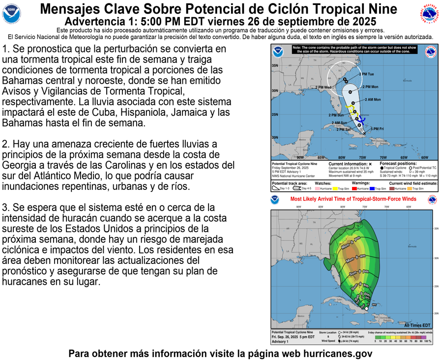 5 pm EDT Fri, Sep. 26 Key Messages for Potential Tropical Cyclone