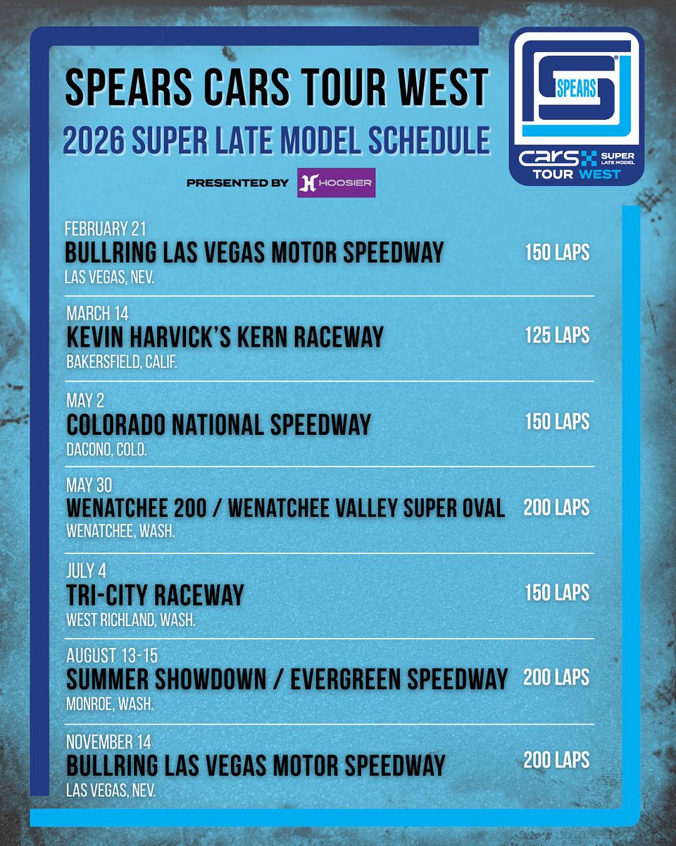 Spears CARS Tour West Unveils Seven-Race Super Late Model Schedule for 2026.

Expanded schedule includes stops in California, Colorado, Nevada and Washington.

Read full release: CARSTourWest.com