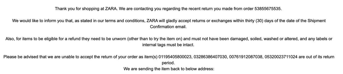 alokdots's tweet photo. @ZARA_Care I requested this return on Aug 4, during the 30-day window and dropped it off at Fedex. But I just got this email saying the return is being sent back to me as it was outside the 30-day window. Customer service says return was shipped late, which i can't control. https://t.co/FArugQeWkz