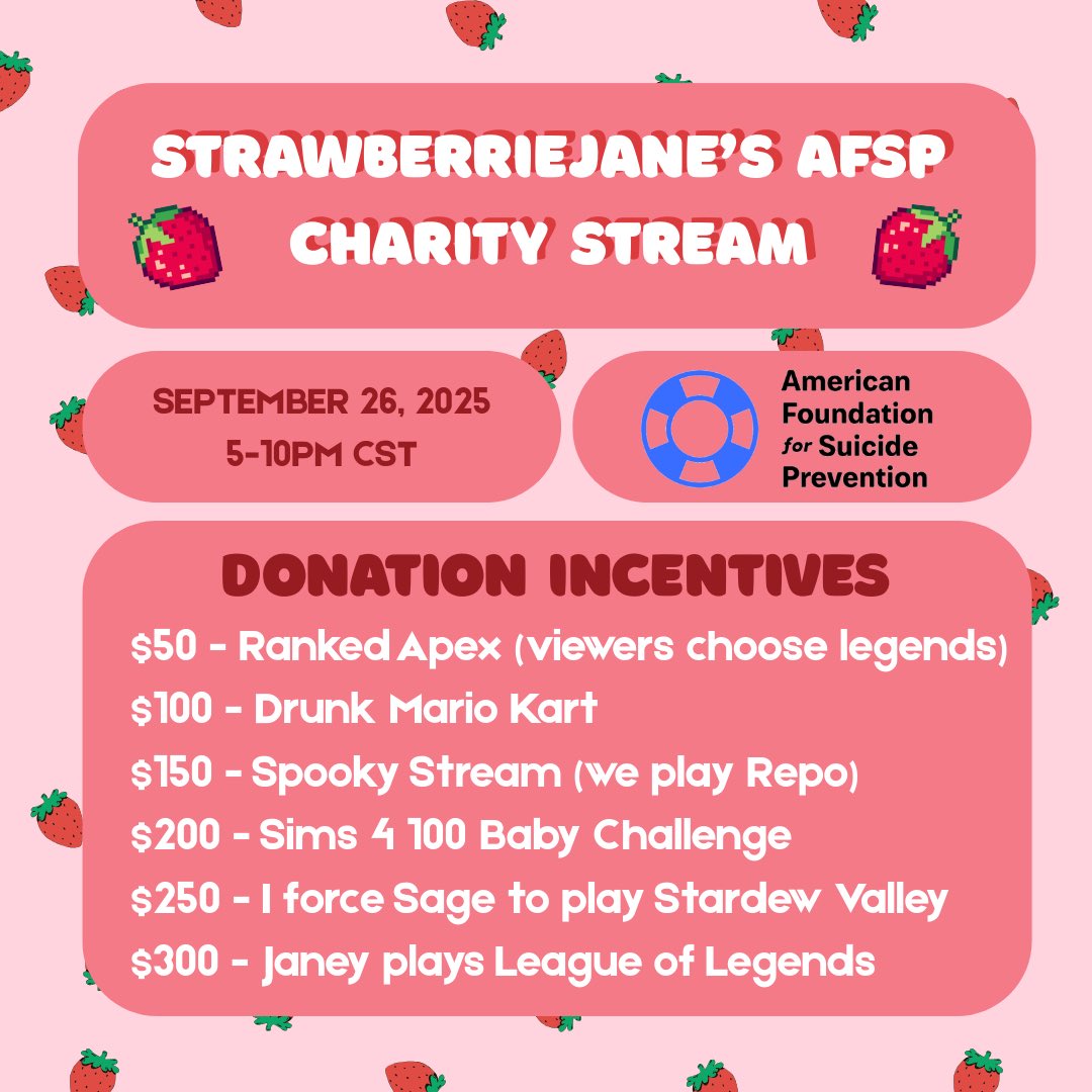 strawberriejane's tweet image. 2 years ago we did started The Emily Cup to raise money for @afspnational in honor of my late cousin 💗 tonight, join me &amp;amp; @Sagefif3 for The Emily Stream while we play Apex, Overcooked, &amp;amp; more 🫶