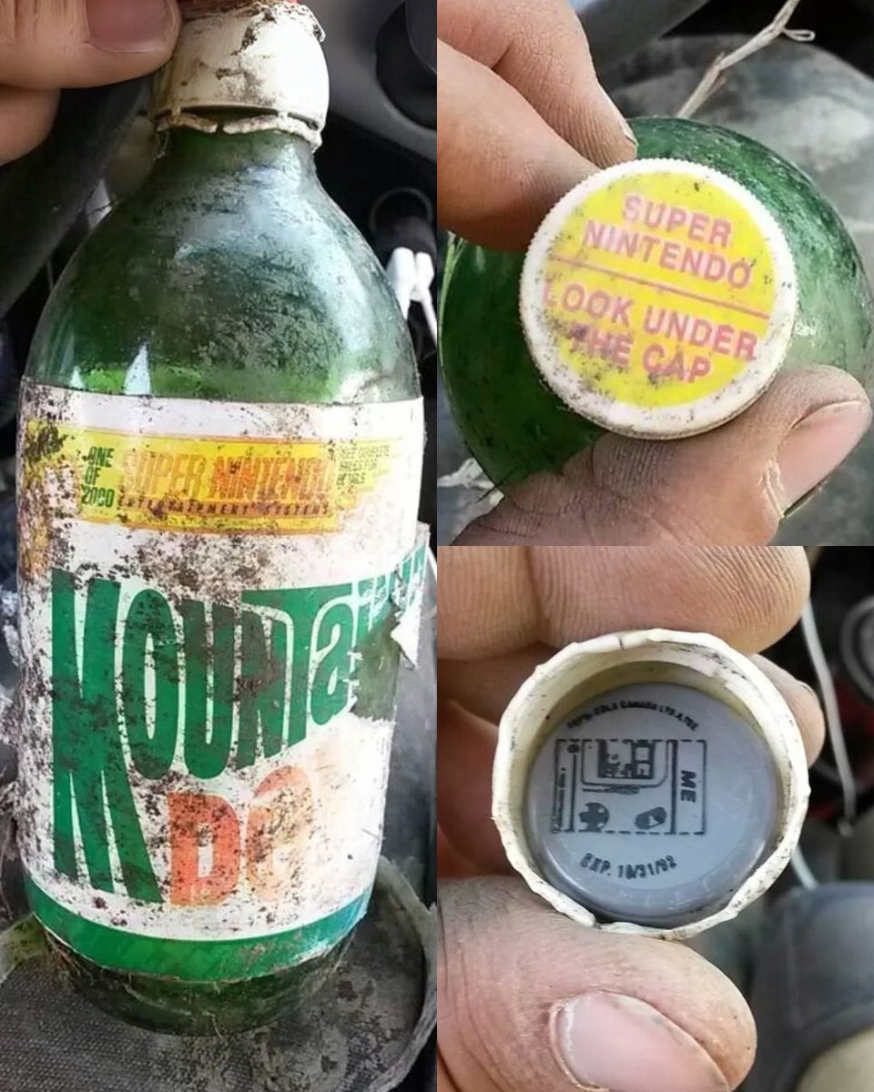 FanaticsCollect's tweet image. 🤯 CRAZY DISCOVERY 🤯

He got a free Nintendo from a 22-year-old bottle of Mountain Dew. 

Originally found in a ditch, this bottle turned out to be part of an old Mountain Dew “Under-the-Cap” promotion from the early ‘90s.

Despite the 20+ year gap, Nintendo responded to the…