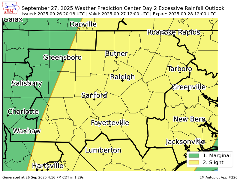 WPC issues Day 2 Slight Risk Excessive Rainfall Outlook at Sep 26, 20:18z for RAH wpc.ncep.noaa.gov/qpf/excessive_…
