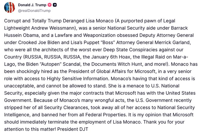 A screenshot of a social media post from X. The post includes text about Donald J. Trump, Lisa Monaco, and national security. The text is formatted in black on a white background with a profile image of Donald J. Trump in the top left corner, showing a headshot of him.
