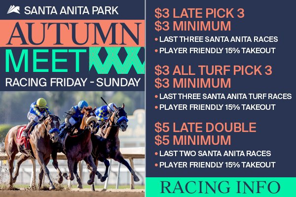 Starting at 6:01 ET, the first of two player-friendly 15% takeout Pick 3's at <a href="/santaanitapark/">Santa Anita Park</a>! 
- Race 5 - $3 All Turf Pick 3 (races 5,7,9)
- Race 7 - $3 Late Pick 3 (races 7,8,9)