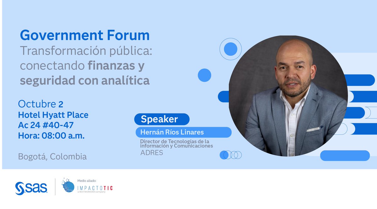 ImpactoTIC's tweet image. Un sistema de salud más eficiente y confiable requiere apoyarse en la tecnología para garantizar transparencia y optimizar resultados.
En el #SASGovernmentForum, Hernán Ríos Linares, Director TIC de la ADRES, compartirá cómo la digitalización está transformando la administración…