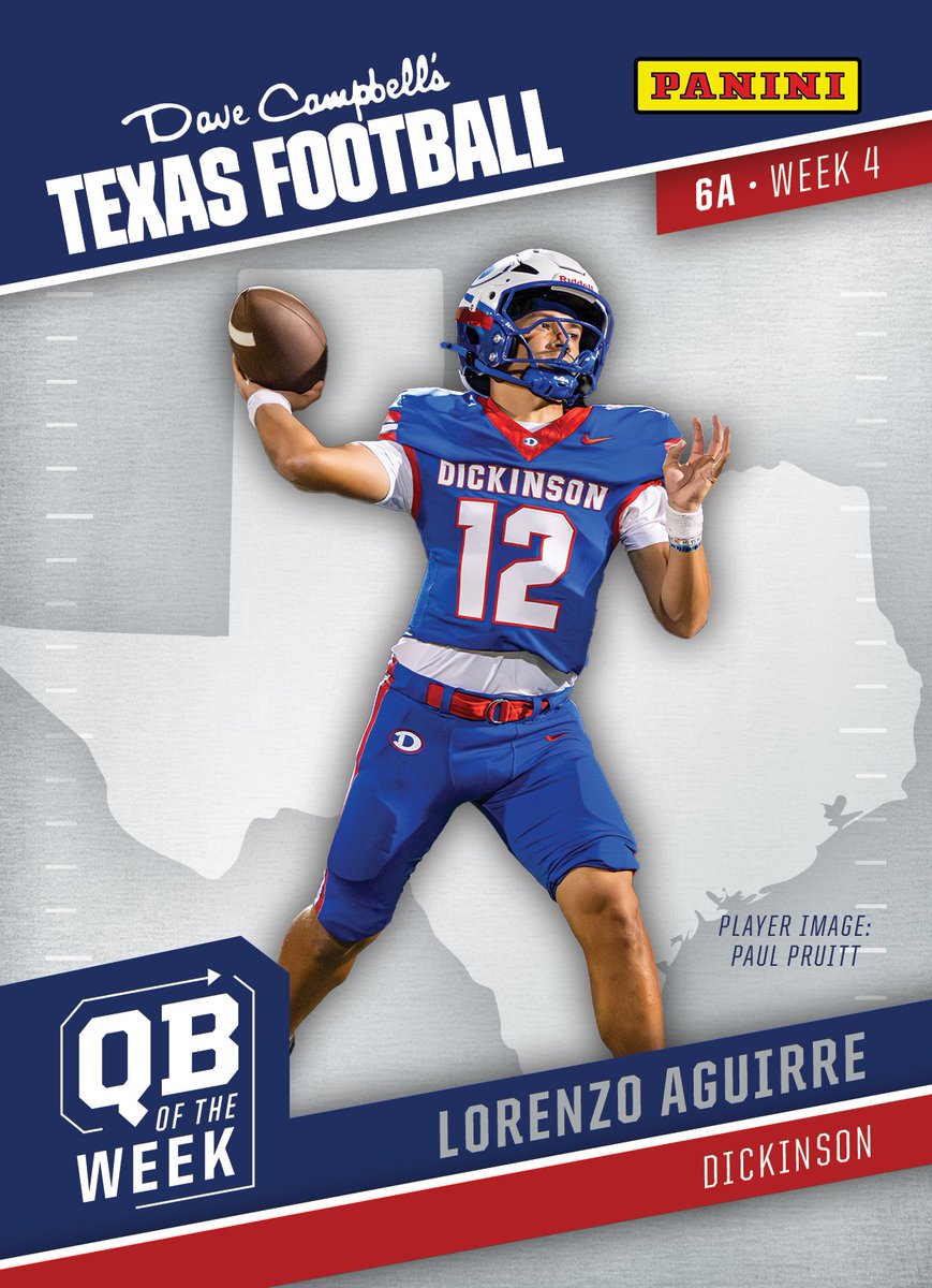 dctf's tweet image. Introducing our Week 4 #txhsfb 6A Quarterback of the Week presented by @PaniniAmerica: Lorenzo Aguirre from the Dickinson Gators!

@LAguirre2027 | @DickinsonFB | @DickinsonISD | #dctf #whodoyoucollect 

📸: Paul Pruitt