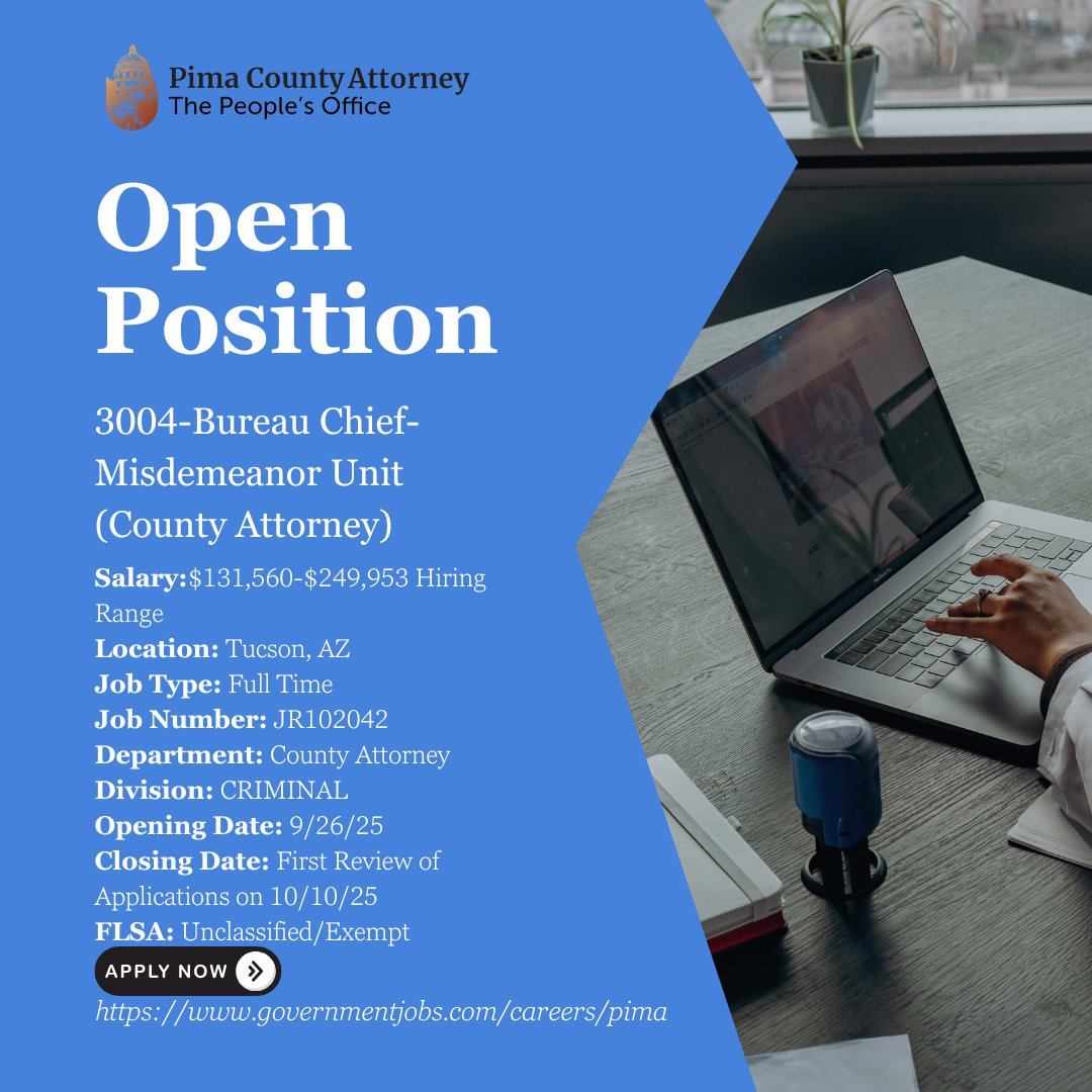 PCAO is hiring. Take a look at the jobs below!! You can apply here: pcao.pima.gov/careers-pcao/