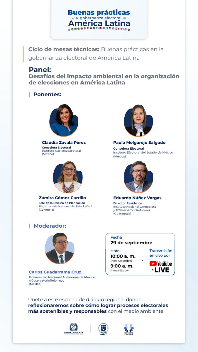 📢 #EsMañana

Este 29 de septiembre continuamos con el ciclo de mesas técnicas "Buenas prácticas en la gobernanza electoral de América Latina"

🌱 Segundo panel: Desafíos del impacto ambiental en la organización de elecciones.

👥 Panelistas:
▪ Claudia Zavala Pérez – Consejera