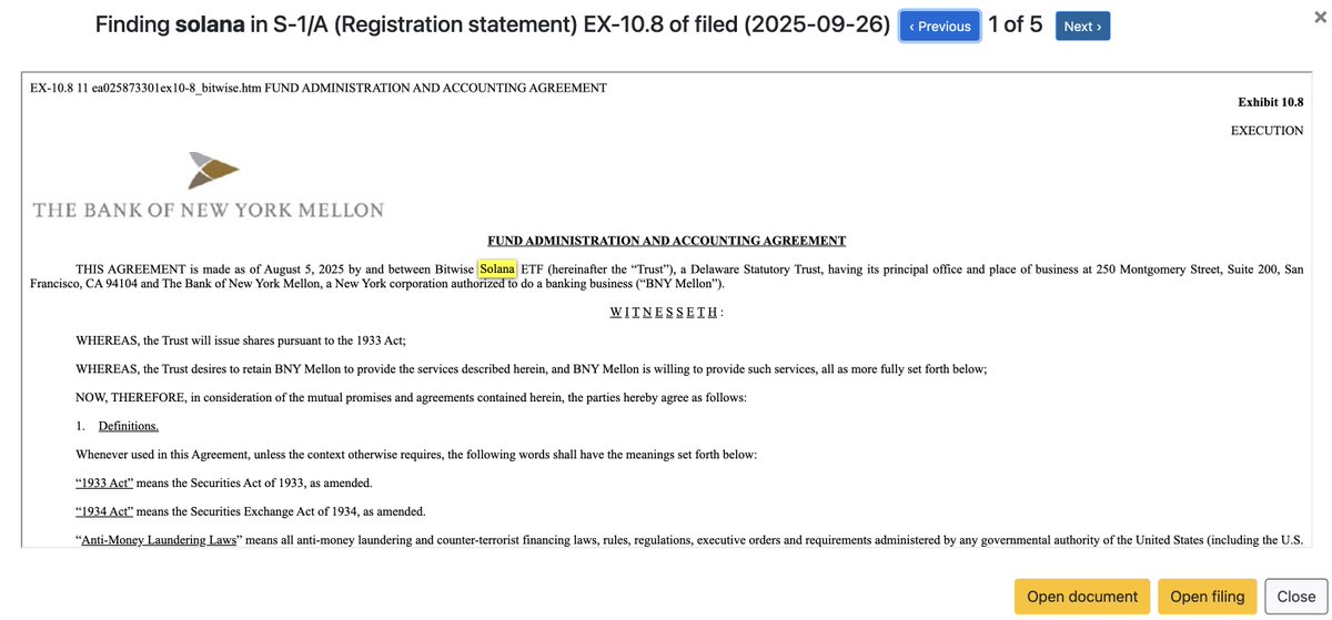 Screenshot of SEC Filing for Bitwise Solana ETF Fund Administration Agreement with BNY Mellon