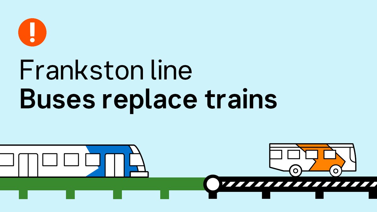 🚧 Frankston line: Buses replace trains between Cheltenham and Frankston from 8:30pm Friday 3 October to last train Sunday 5 October, while project works take place.

Info: tinyurl.com/mfk5zsry