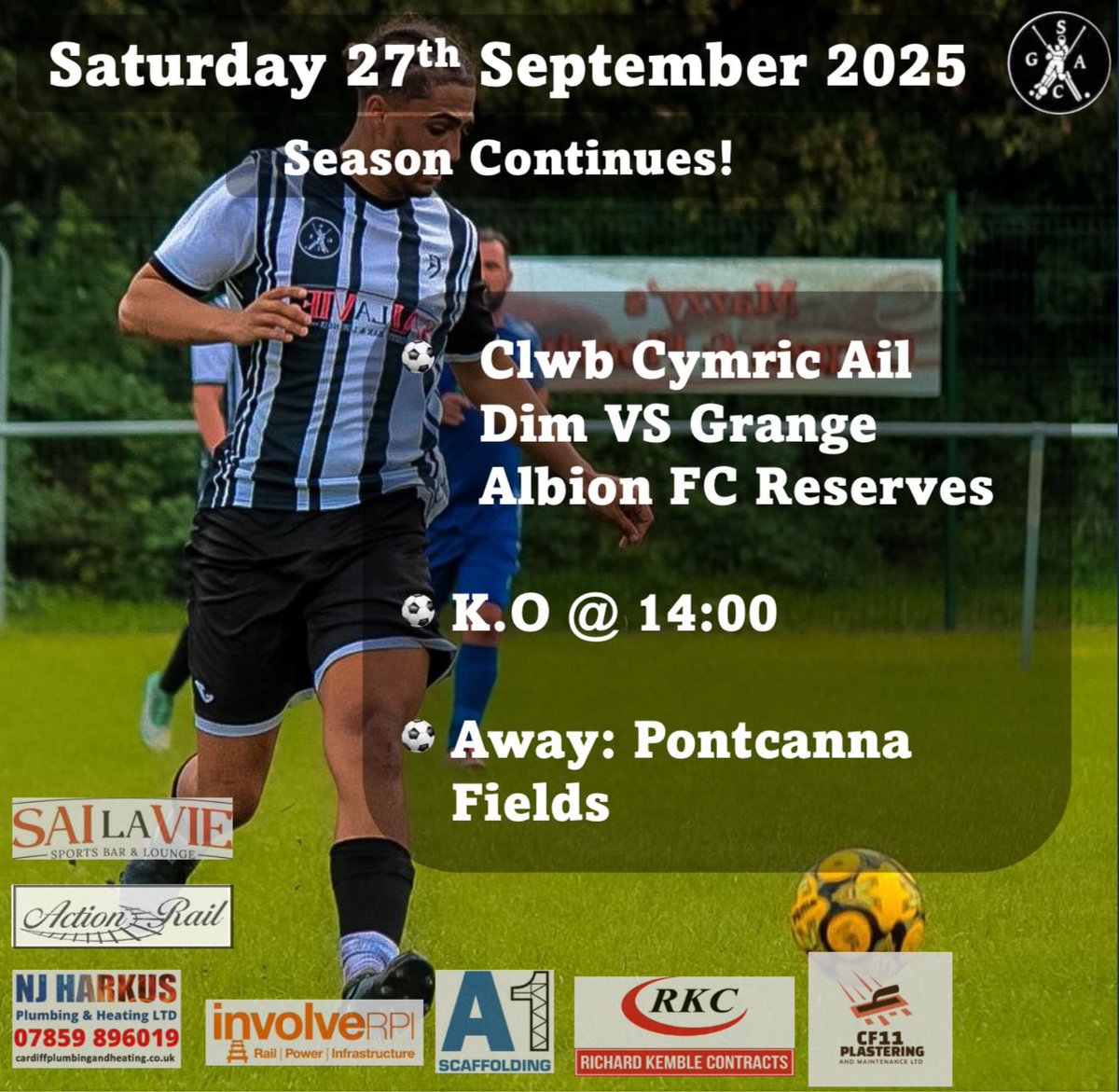 ⚫️⚪️⚽️Reserve Team⚽️⚪️⚫️ 
🆚 | Clwb Cymric 
🗓️ | Sat 27th September
⏰ | KO 2:00pm
🏟️ | Pontcanna
🏆 | <a href="/cardiff_and/">Cardiff and District</a> 

Richardkemblecontracts.co.uk

cardiffplumbingandheating.co.uk

Leckwithbuildingsupplies.co.uk
