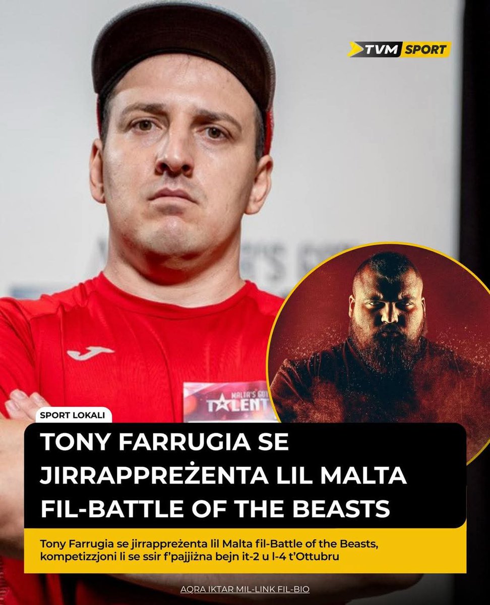 TonyFarrugia_1's tweet photo. Grazzi lil Dorianna Portelli u Catherine Micallef tal TVM Sports ghal l-artiklu π
Thanks to Dorianna Portelli and Catherine Micallef of Television Malta Sports for the article π
#tvmsport #battleofthebeasts #strongmanforcharity #lifetimenatural #naturalstrongman #Malta https://t.co/9Fcyt3m6Jk