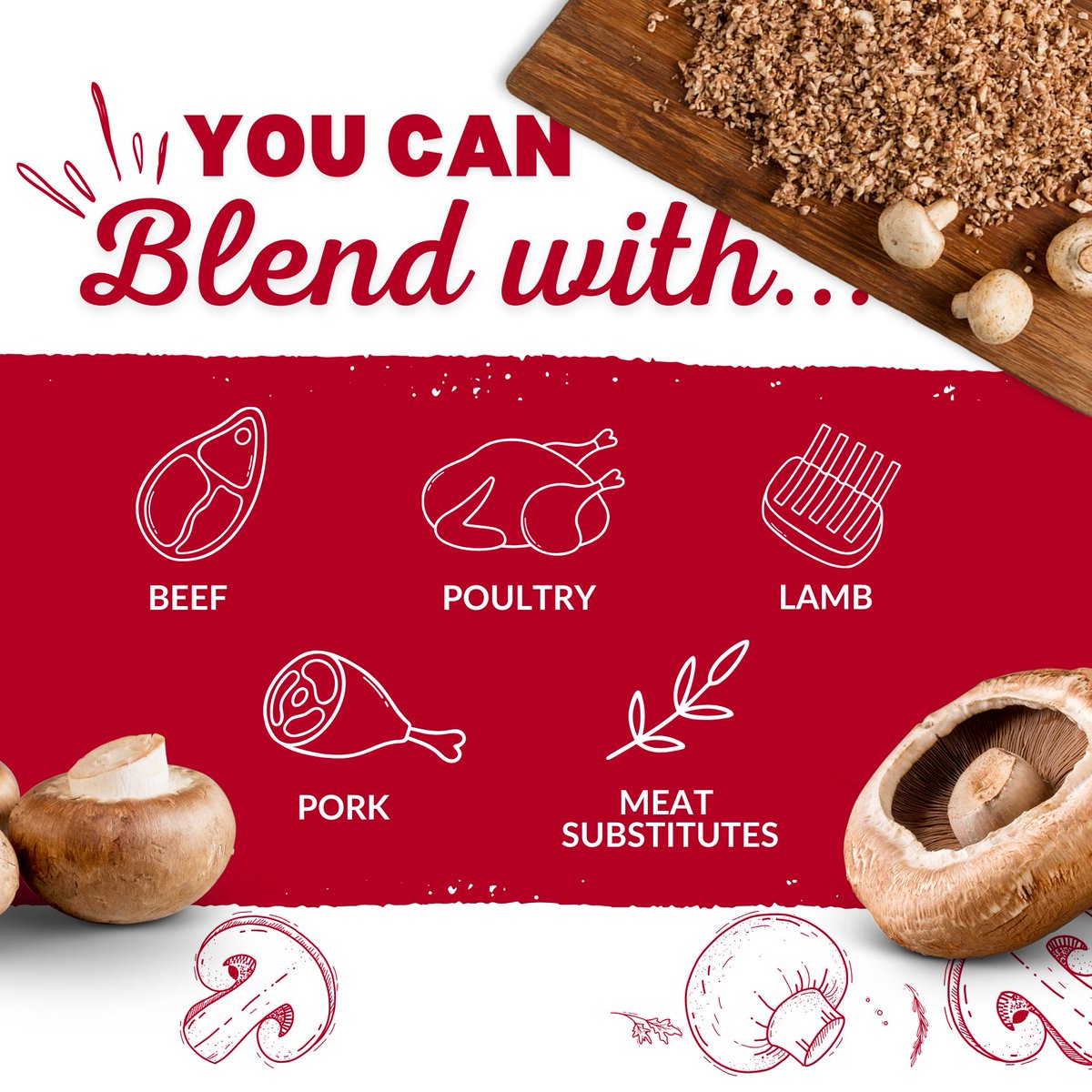 mushroomscanada's tweet image. Try #BlendAndExtend with these proteins!
🥩 Beef: burgers, meatloaf, or tacos
🍗 Poultry: meatballs, taco filling, or stir-fries
🐑 Lamb: koftas, burgers or shepherd’s pie
🐖 Pork: dumplings, pork pies or sausage
🌱 Meat Substitutes – add flavour in plant-based dishes