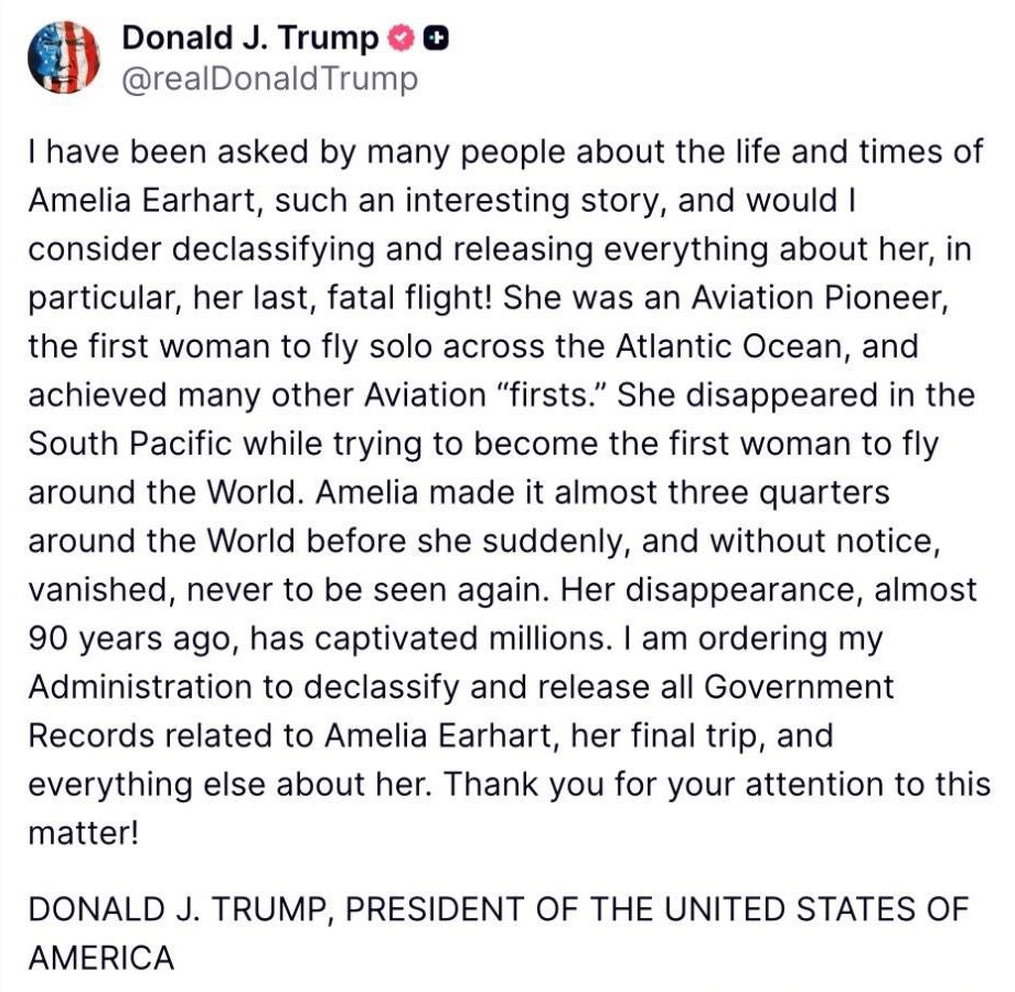 AFpost's tweet image. President Trump has ordered the immediate release of the Earhart files.

Follow: @AFpost