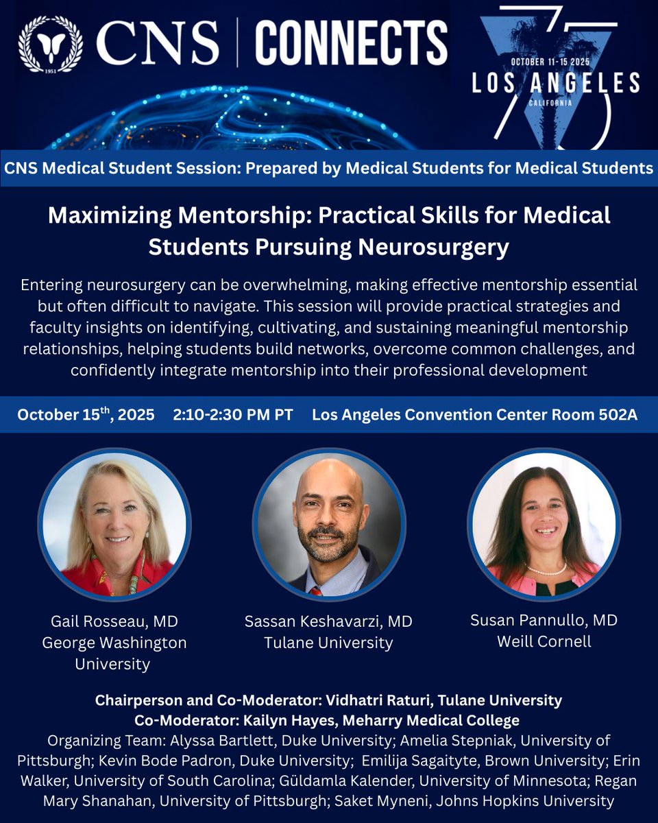 tulaneaans's tweet photo. Proud to share that 2 of our faculty will be panelists at the CNS medical student sessions!

Thank you to CNS &amp; to Drs. Benzel, Eden, Lockwood, Keshavarzi, Pannullo &amp; Rosseau for giving their time to uplift students.

Honored to learn from their insights! See you @ #CNS2025! ✨ https://t.co/oAXdx1xprN