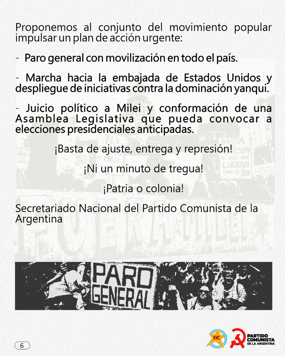 ✊Pero no alcanzará sólo con eso. En ese camino emancipatorio habrá que avanzar con determinación en un programa con eje en la distribución de la riqueza. 
👉 Secretariado Nacional del PCA