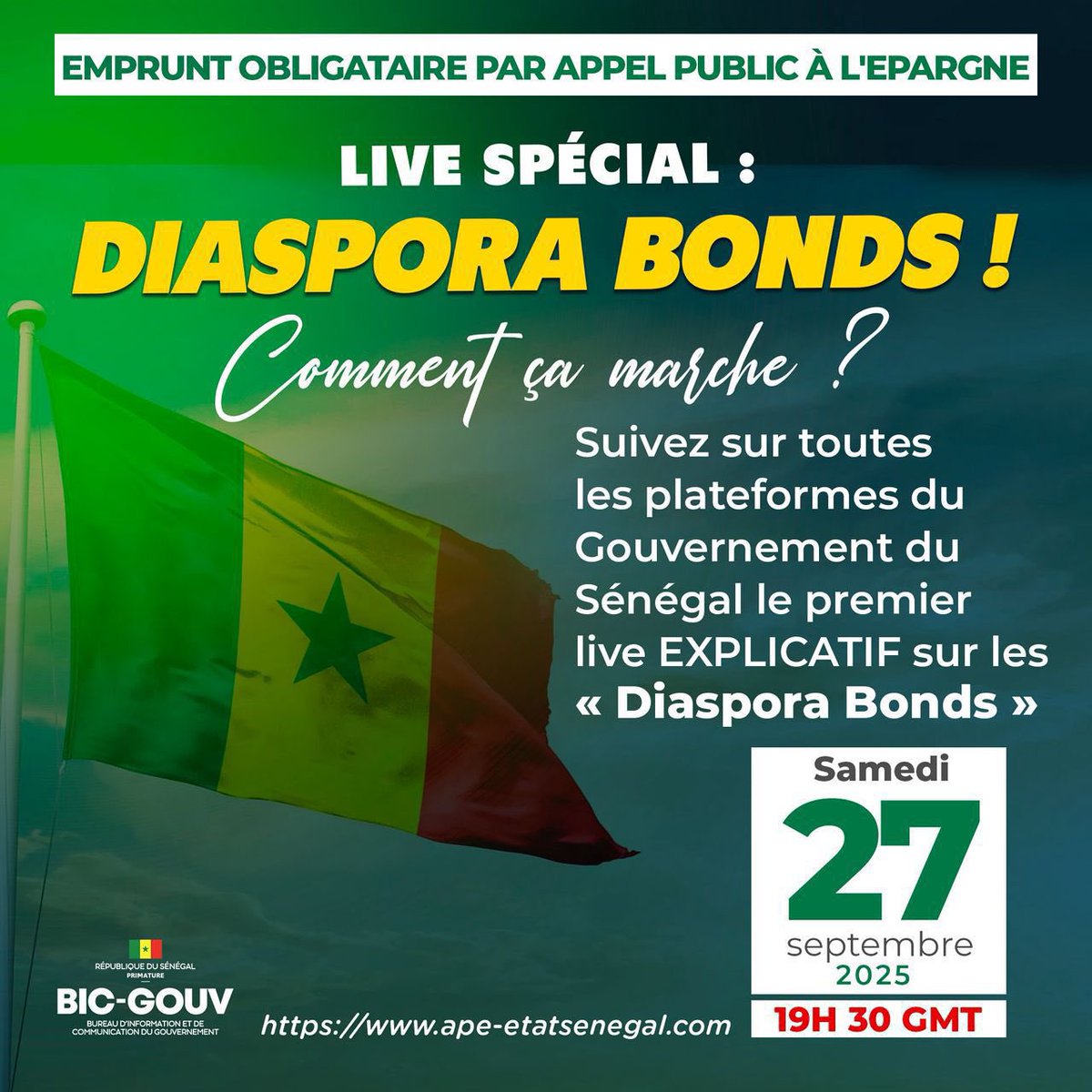 mfb_sn's tweet image. #DiasporaBonds – Vous voulez comprendre comment ça marche ?
Suivez le LIVE explicatif consacré à la 3ᵉ opération d’emprunt obligataire par appel public à l’épargne de l’année 2025.
Ne manquez pas ce rendez-vous Questions-Réponses sur les pages du @GouvernementSN !