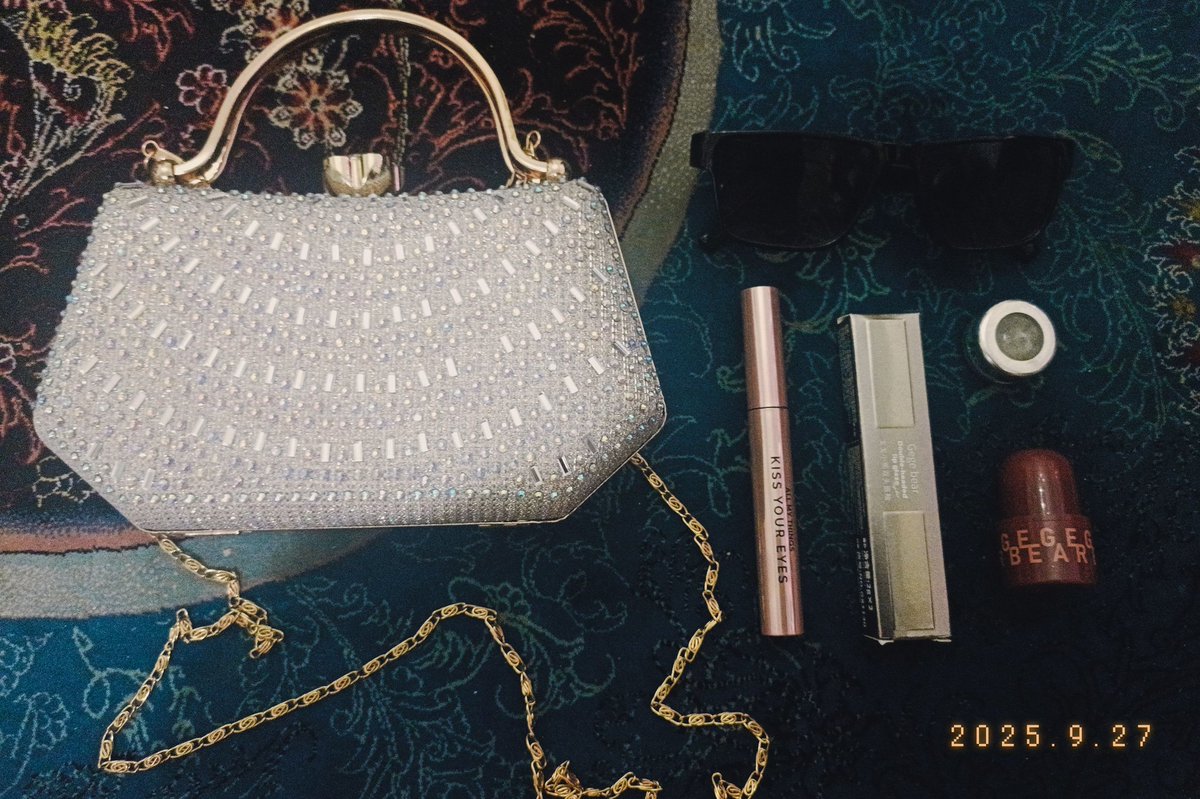 والا راستش من همچین کیف بلینگ بلینگی رو معمولا با خودم نمی‌برم بیرون ولی اگه ببرم توش این شکلیه ( متاسفانه جای دوربین نیست توش همینم به زور جا شد )