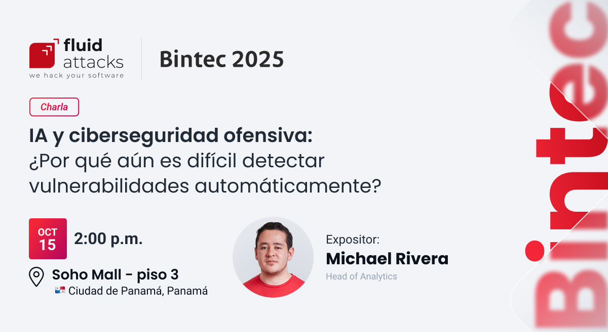 fluidattacks's tweet image. 🇵🇦Del 14 al 16 de octubre estaremos en Ciudad de Panamá, como patrocinador Plata del BINTEC Banistmo. Además, nuestro security tester Michael Rivera compartirá la charla “IA y ciberseguridad ofensiva: ¿Por qué aún es difícil detectar vulnerabilidades automáticamente?” ¡Nos vemos!