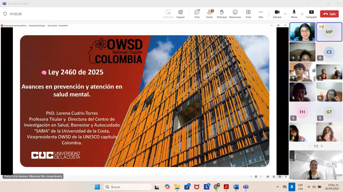 🎓 Hoy desarrollé la MasterClass sobre la Ley 2460 de 2025 con los estudiantes de Salud Familiar III – Psicología @unimagdalena.
Una norma clave para fortalecer la salud mental en Colombia 🧠💙.
#SaludMental #Ley2460 #PsicologíaCUC